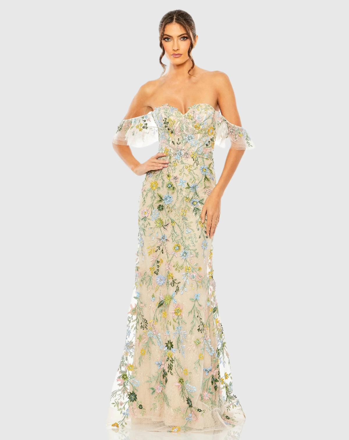 Beige Sweetheart Flutter Sleeve Floral Gown