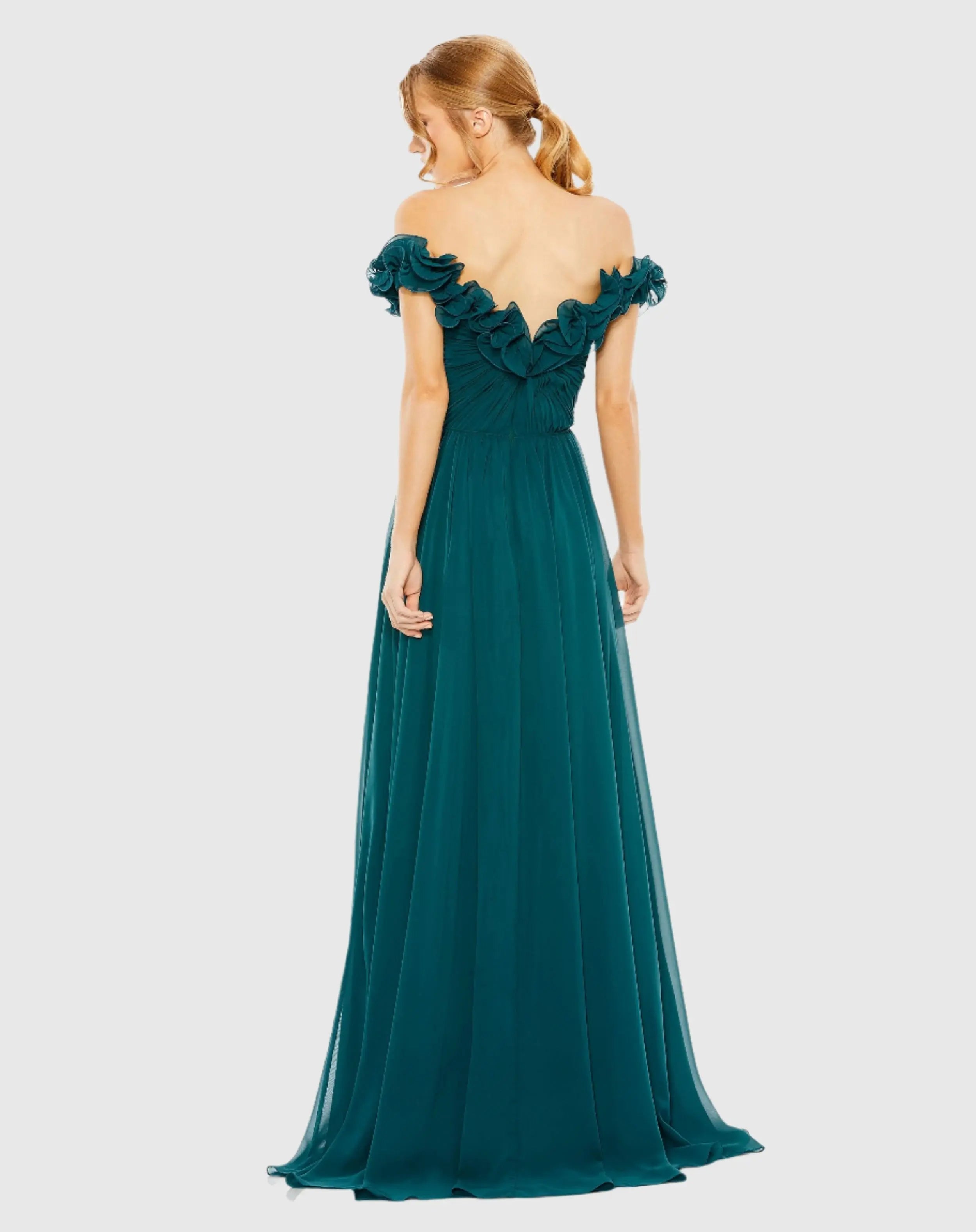 Teal Ruched Off The Shoulder A Line Gown