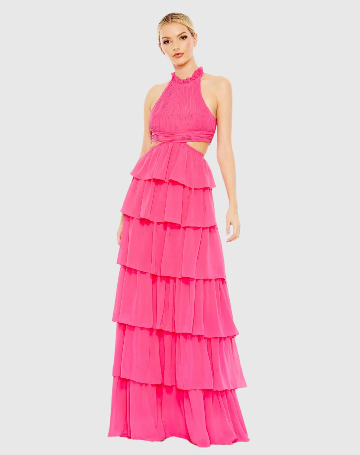 Pink Tiered Ruffle Pleated High Neck Gown with Cut Outs
