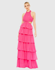 Pink Tiered Ruffle Pleated High Neck Gown with Cut Outs