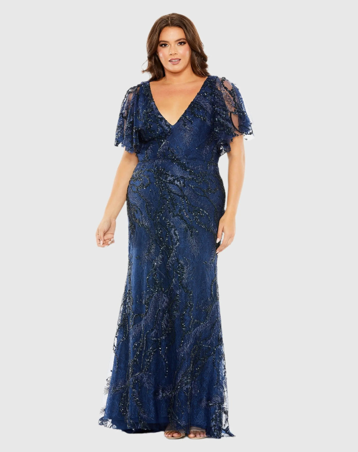 Navy V Neck Flutter Sleeve Embellished Gown (Plus)