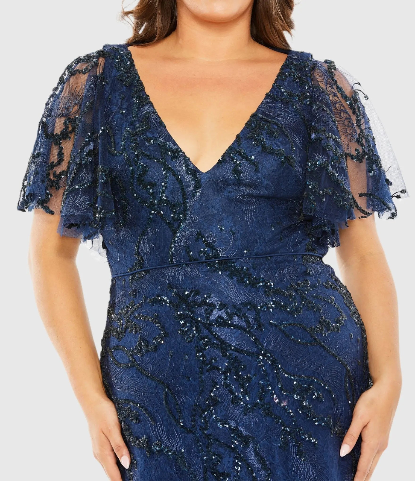 Navy V Neck Flutter Sleeve Embellished Gown (Plus)