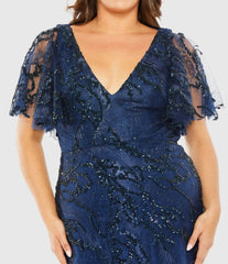 Navy V Neck Flutter Sleeve Embellished Gown (Plus)