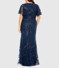 Navy V Neck Flutter Sleeve Embellished Gown (Plus)