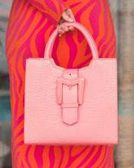 Pink Buckled Medium Croco Leather Tote Bag with Detachable Strap