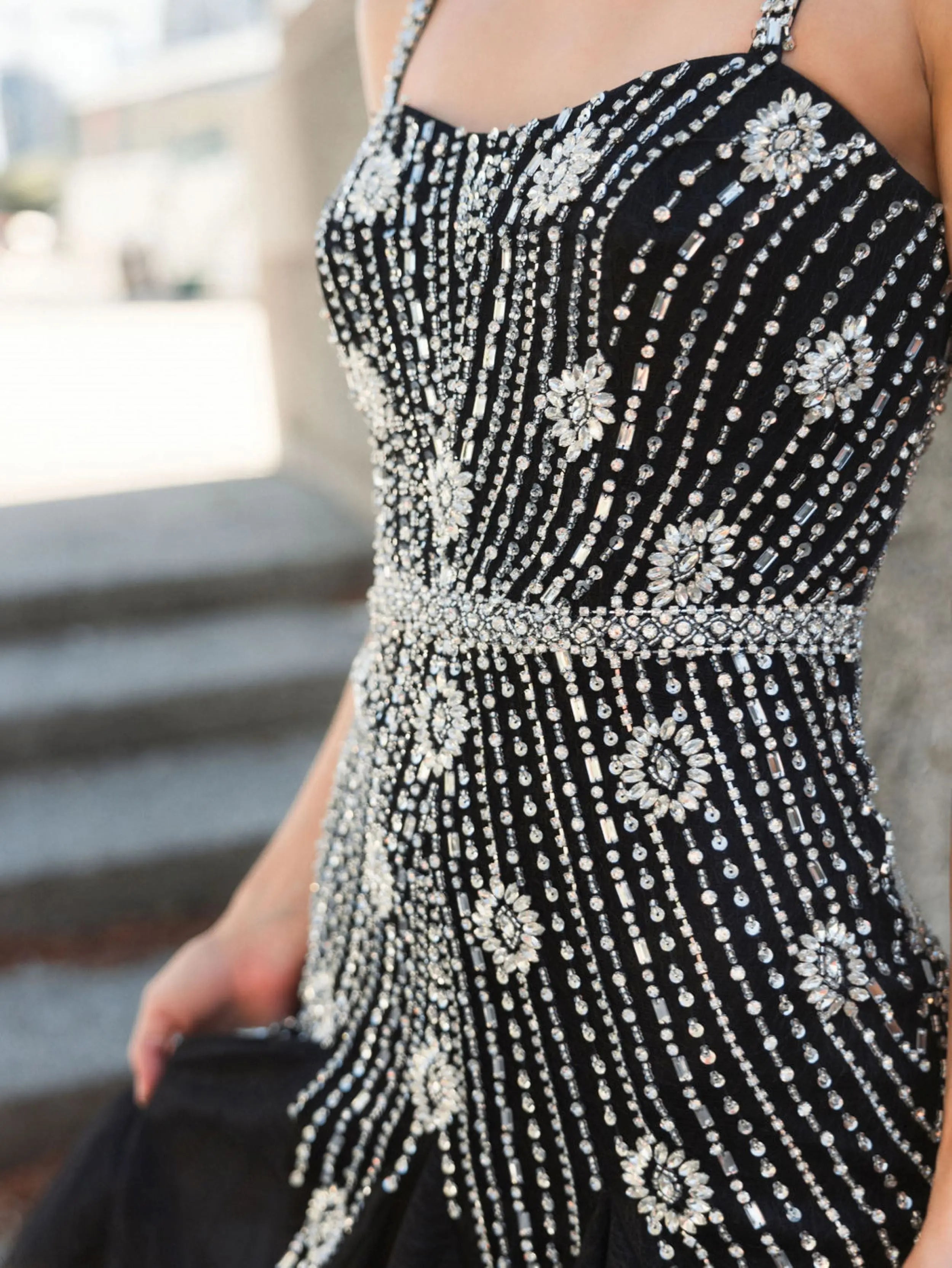 Black Slim Strap Embellished Bustier Gown